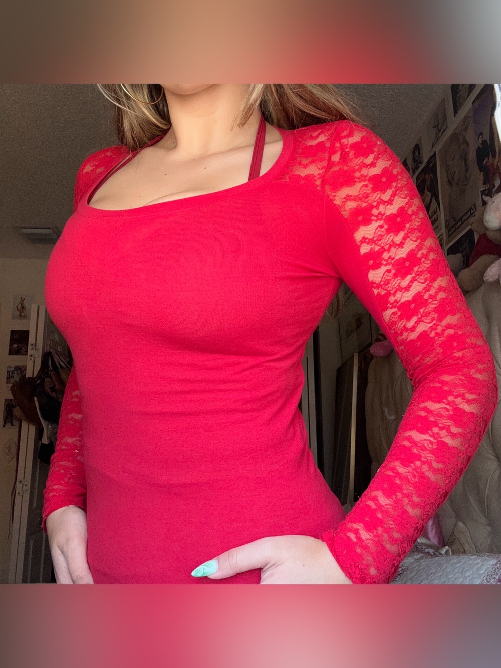Splash Red Long Sleeve Lace Sleeve Tee